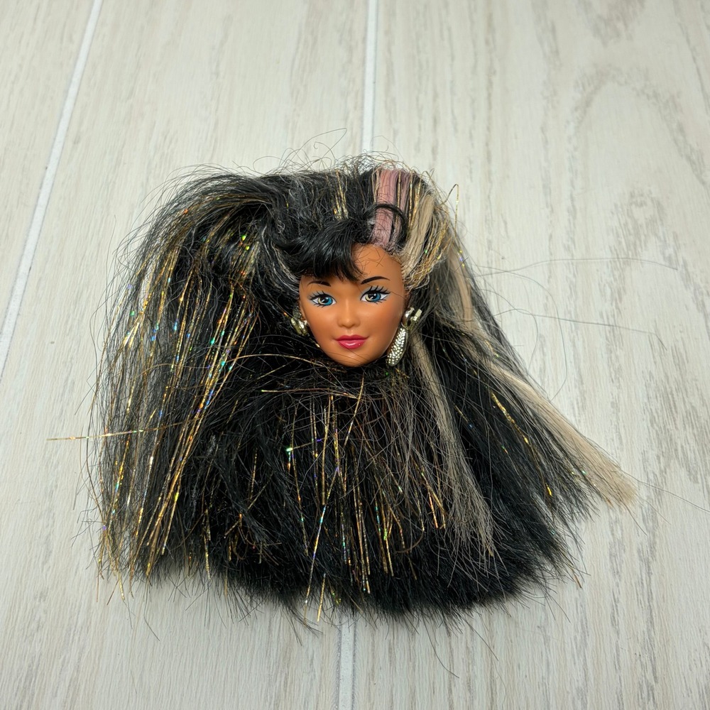 Barbie Doll Splash 'n Color Kira Replacement Head Black Hair Gold Silver Tinsel